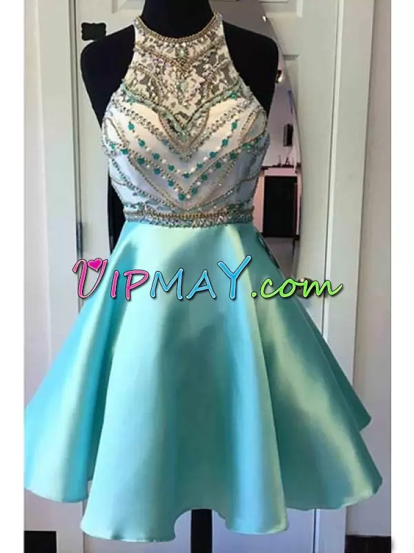 Sleeveless Halter Top Side Zipper Mini Length Beading Prom Homecoming Dress Halter Top