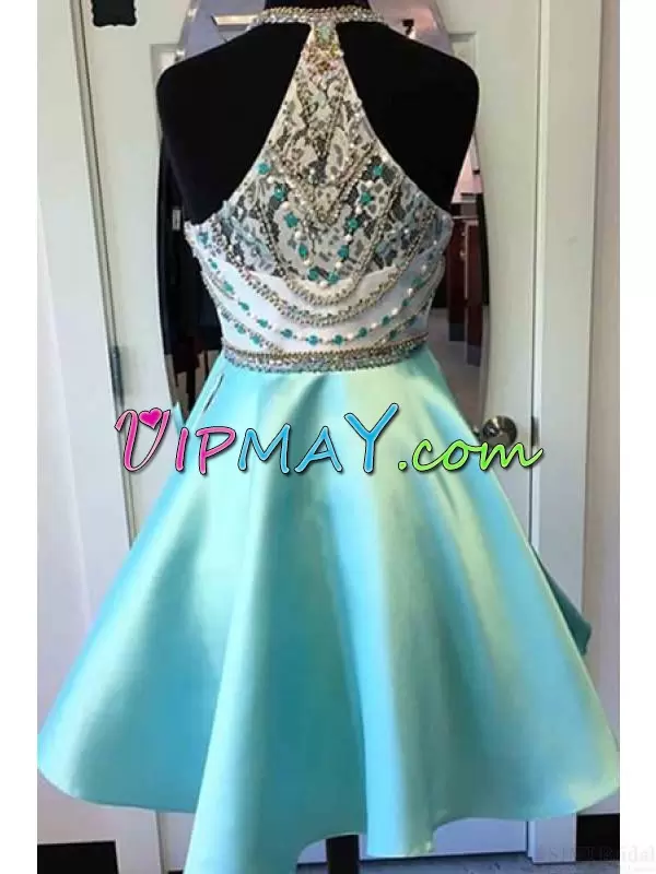 Sleeveless Halter Top Side Zipper Mini Length Beading Prom Homecoming Dress Halter Top