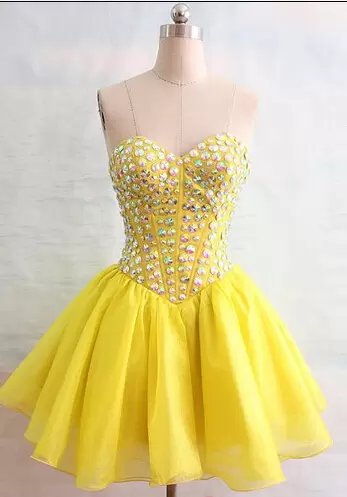 Sleeveless Organza Mini Length Lace Up Homecoming Dresses in Yellow with Beading