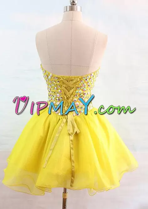 Sleeveless Organza Mini Length Lace Up Homecoming Dresses in Yellow with Beading