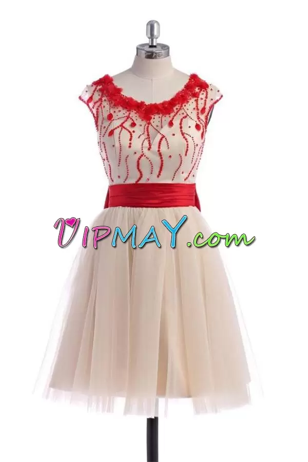 Red and Champagne Scoop Lace Up Beading and Sashes ribbons and Hand Made Flower Dress for Prom Cap Sleeves