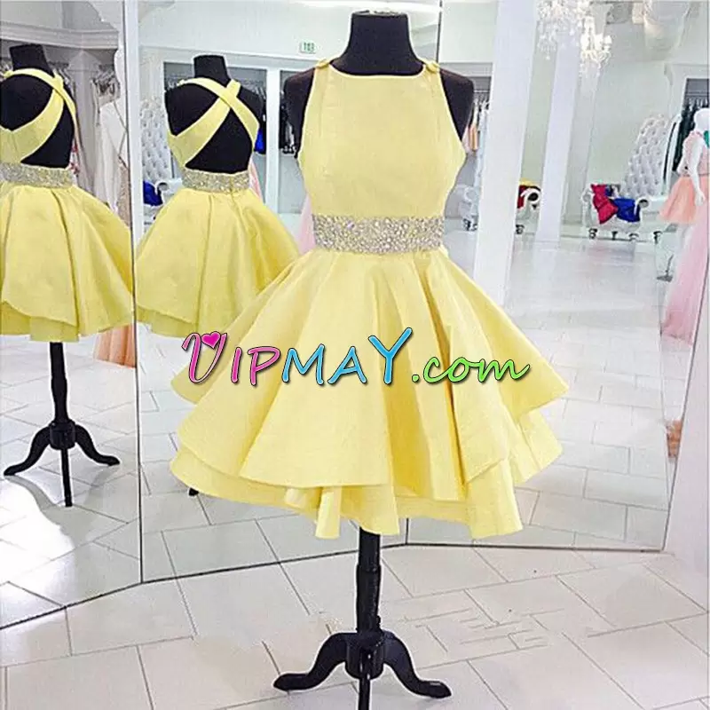 High End Scoop Sleeveless Prom Evening Gown Mini Length Beading Yellow Satin