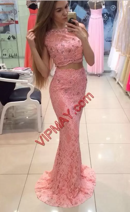 Superior Beading and Lace Prom Dress Pink Lace Up Sleeveless