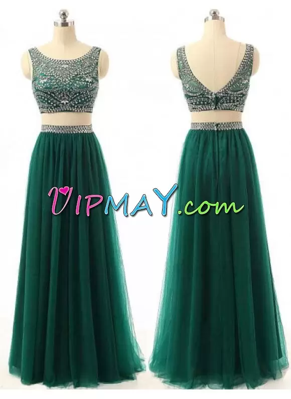 Admirable Floor Length Backless Prom Evening Gown Green for Prom and Party with Beading