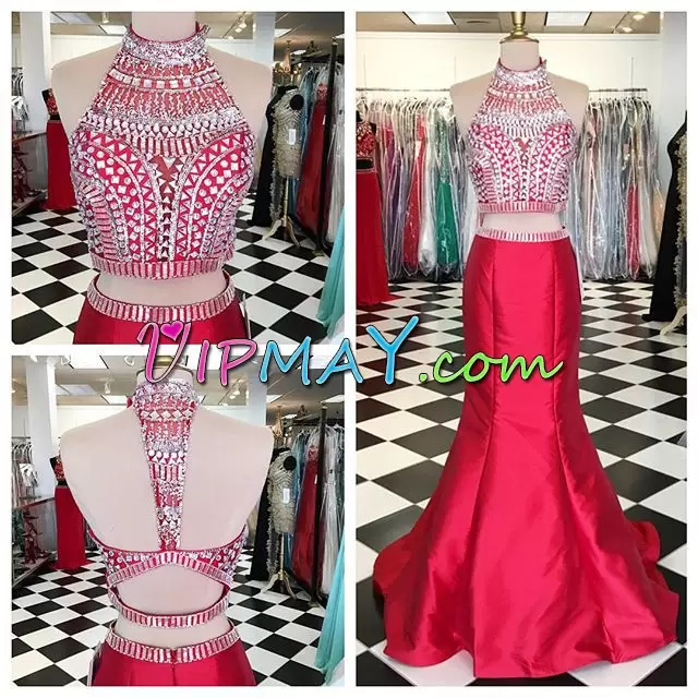 Custom Design Red Two Pieces Halter Top Sleeveless Floor Length Backless Beading and Ruching Homecoming Dress