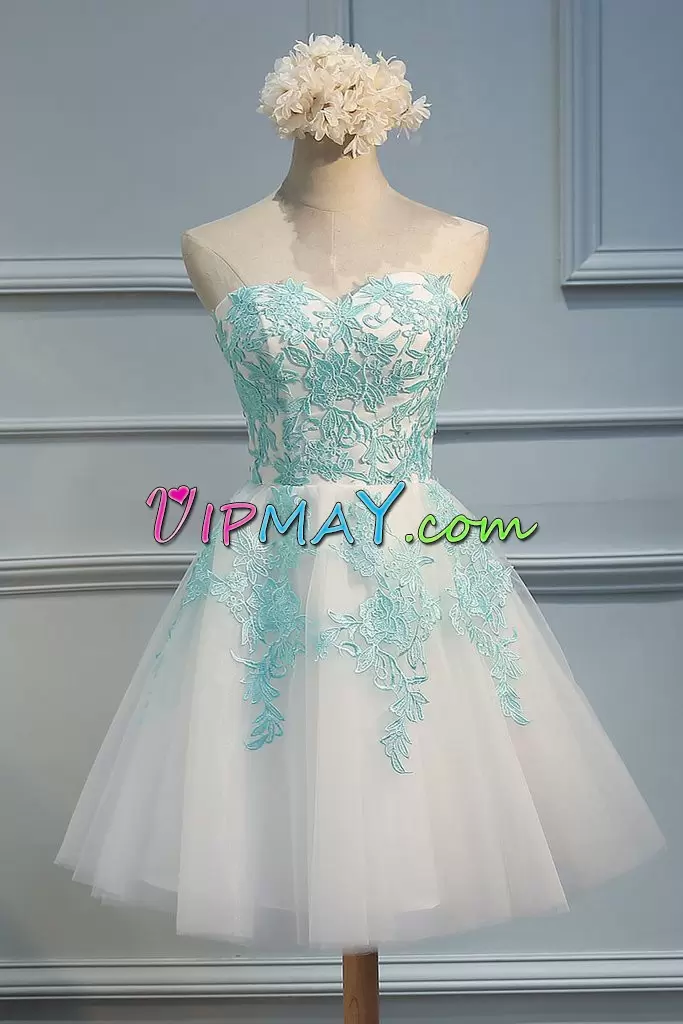 Pretty White Tulle Lace Up Sweetheart Sleeveless Mini Length Dress for Prom Appliques