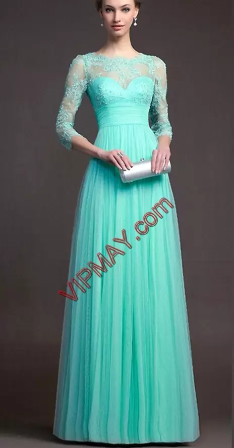 Free and Easy Turquoise 3 4 Length Sleeve Floor Length Lace Zipper Dress for Prom Scoop