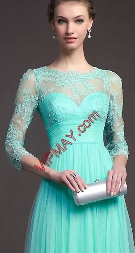 Free and Easy Turquoise 3 4 Length Sleeve Floor Length Lace Zipper Dress for Prom Scoop