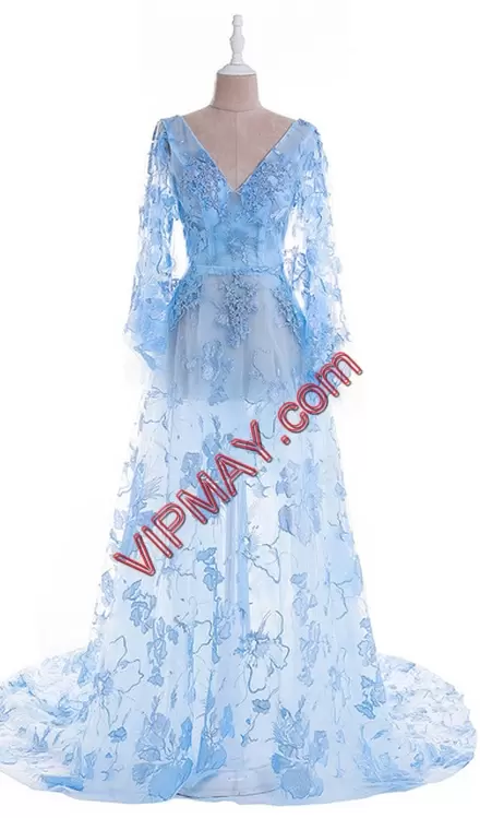 Colorful Long Sleeves Sweep Train Lace Up Evening Wear in Blue with Appliques
