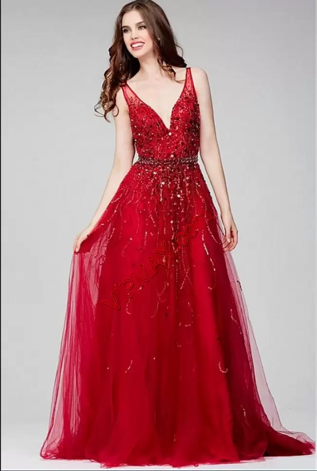 Red A-line V-neck Sleeveless Tulle Floor Length Backless Beading Evening Dress