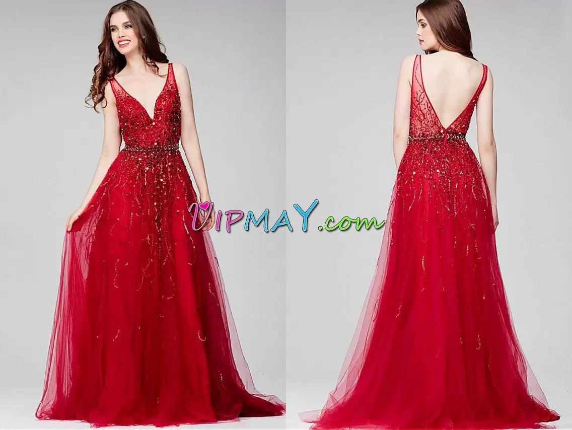 Red A-line V-neck Sleeveless Tulle Floor Length Backless Beading Evening Dress