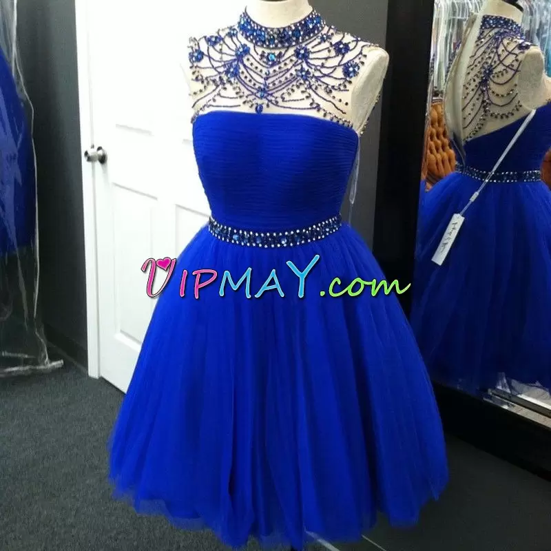 Artistic Royal Blue Tulle High-neck Sleeveless Mini Length Prom Evening Gown Beading