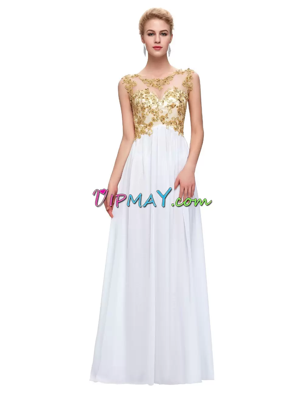 Stunning White Scoop Neckline Beading and Appliques Prom Gown Sleeveless Zipper