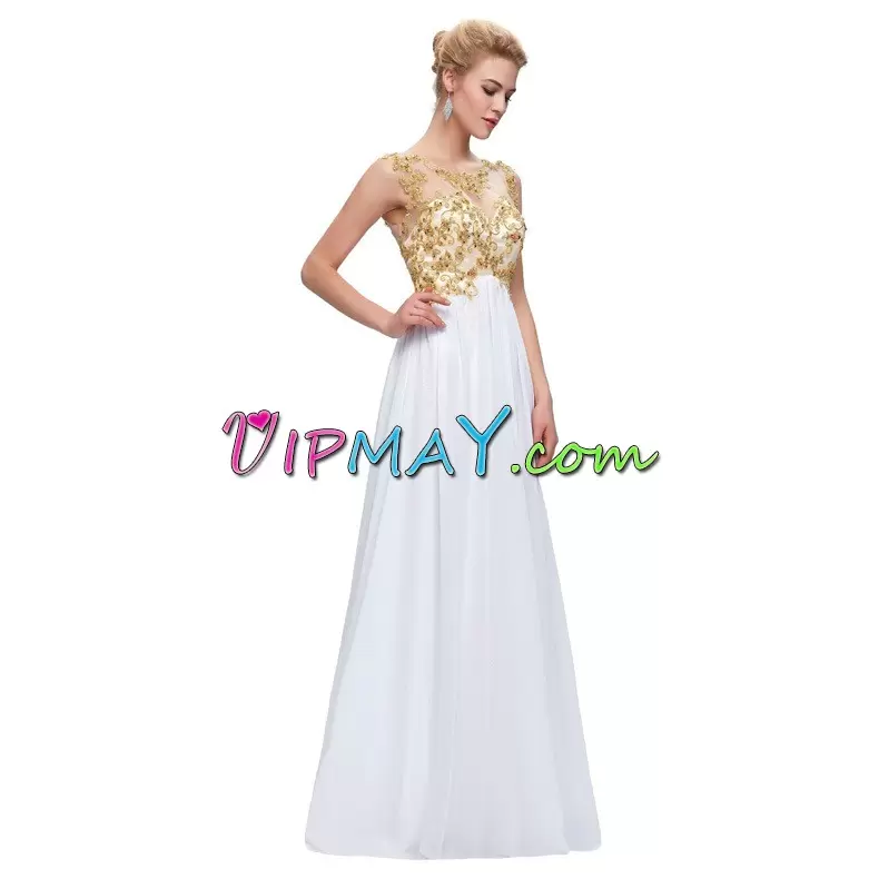 Stunning White Scoop Neckline Beading and Appliques Prom Gown Sleeveless Zipper