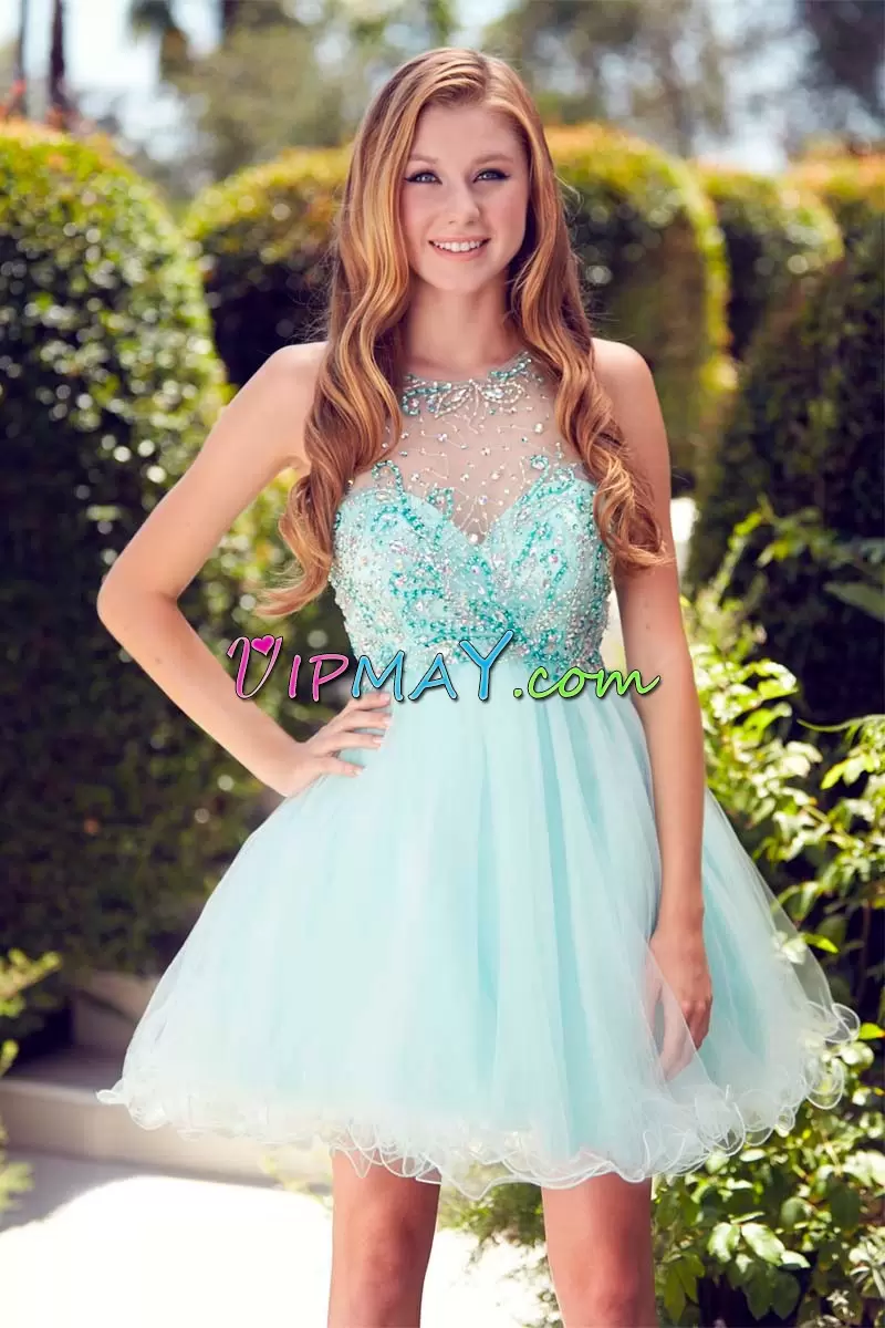 Illusion Apple Green Tulle Zipper Prom Evening Gown Sleeveless Mini Length Beaded Neckline