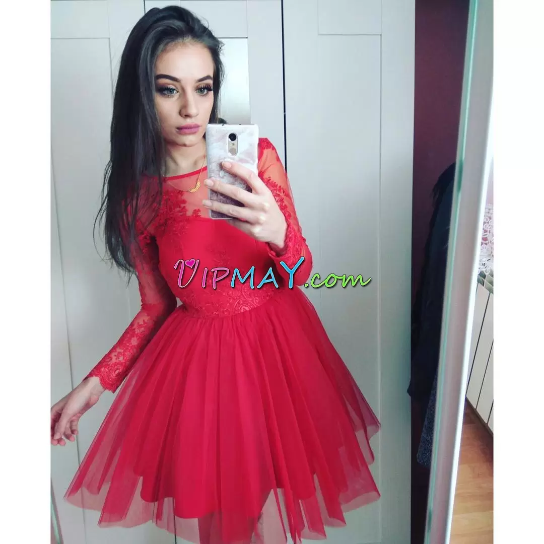 Sweet Red A-line Lace Prom Dress Tulle Long Sleeves Mini Length