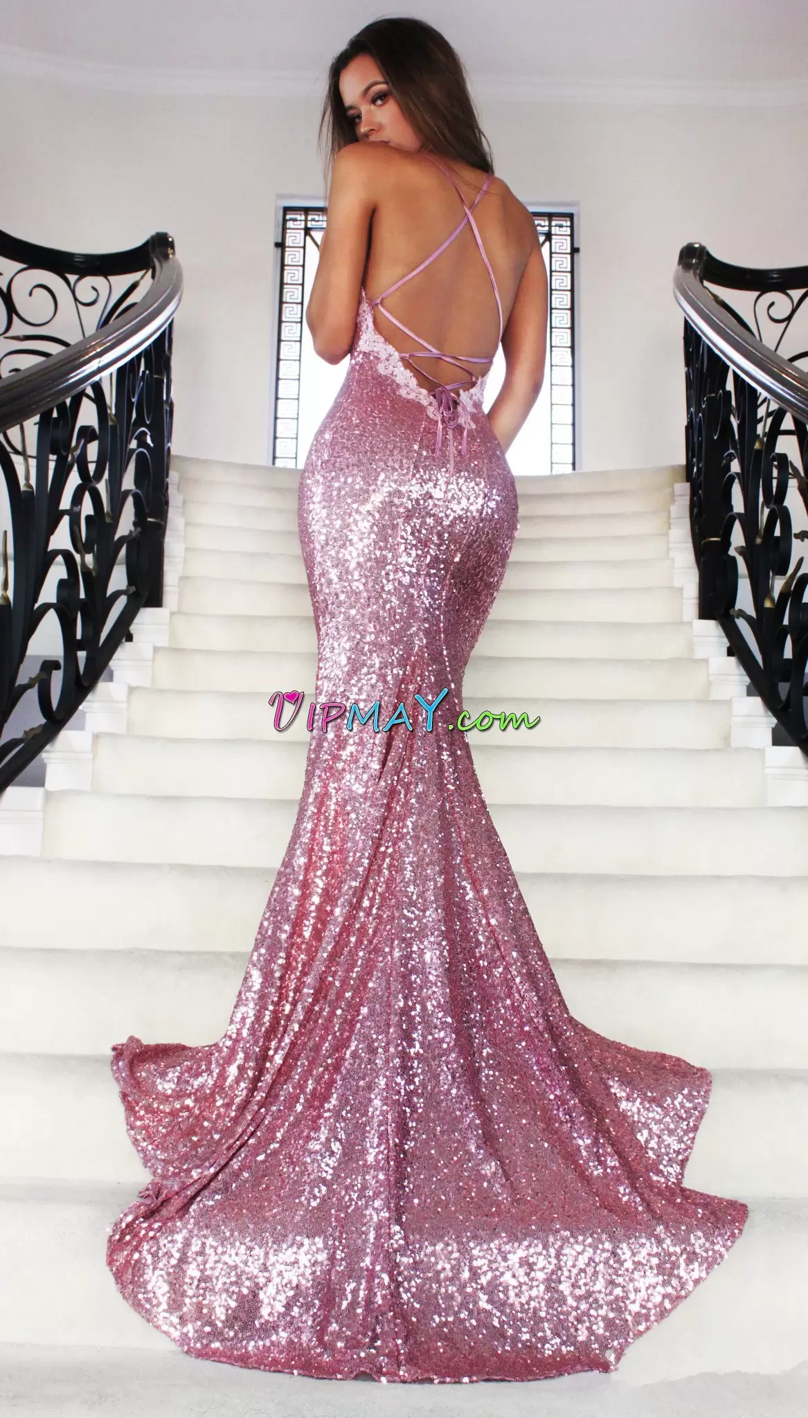 Hot Sale Sleeveless Sequined Brush Train Criss Cross Prom Party Dress in Pink with Sequins