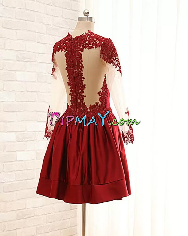 Mini Length Burgundy High Neck Illusion Prom Dress Wine Red Long Sleeves