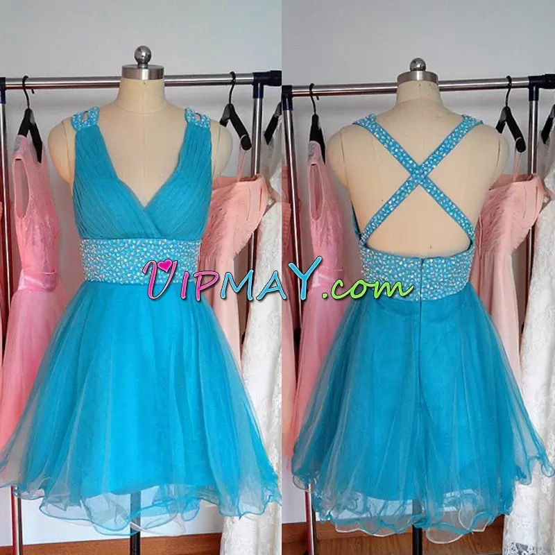 Edgy Baby Blue Tulle Criss Cross V-neck Sleeveless Mini Length Prom Dresses Beading