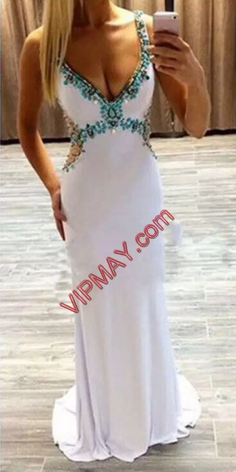 Sumptuous White Chiffon Side Zipper Junior Homecoming Dress Sleeveless Sweep Train Beading