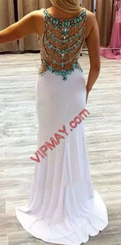 Sumptuous White Chiffon Side Zipper Junior Homecoming Dress Sleeveless Sweep Train Beading