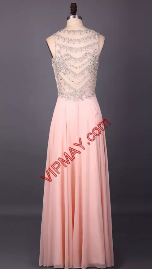 Enchanting Peach Sleeveless Satin and Organza Sweep Train Lace Up Prom Evening Gown for Prom and Party