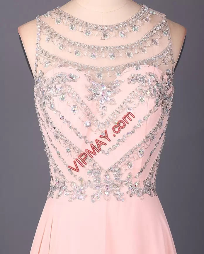 Enchanting Peach Sleeveless Satin and Organza Sweep Train Lace Up Prom Evening Gown for Prom and Party