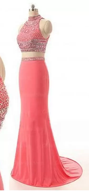 Smart Pink High-neck Neckline Beading Prom Dresses Sleeveless Zipper