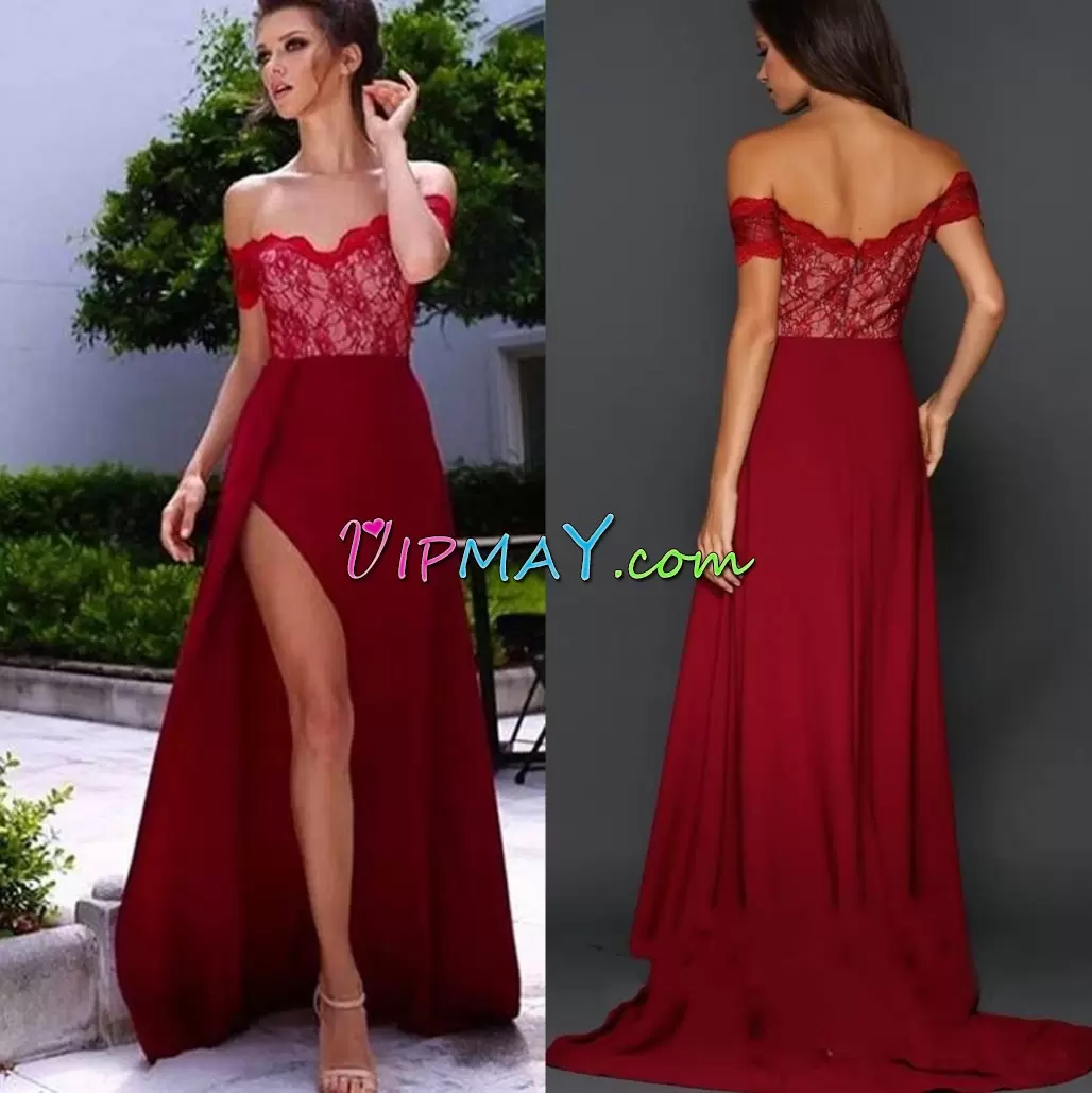 Red Off The Shoulder Zipper Appliques Prom Dress Sweep Train Sleeveless