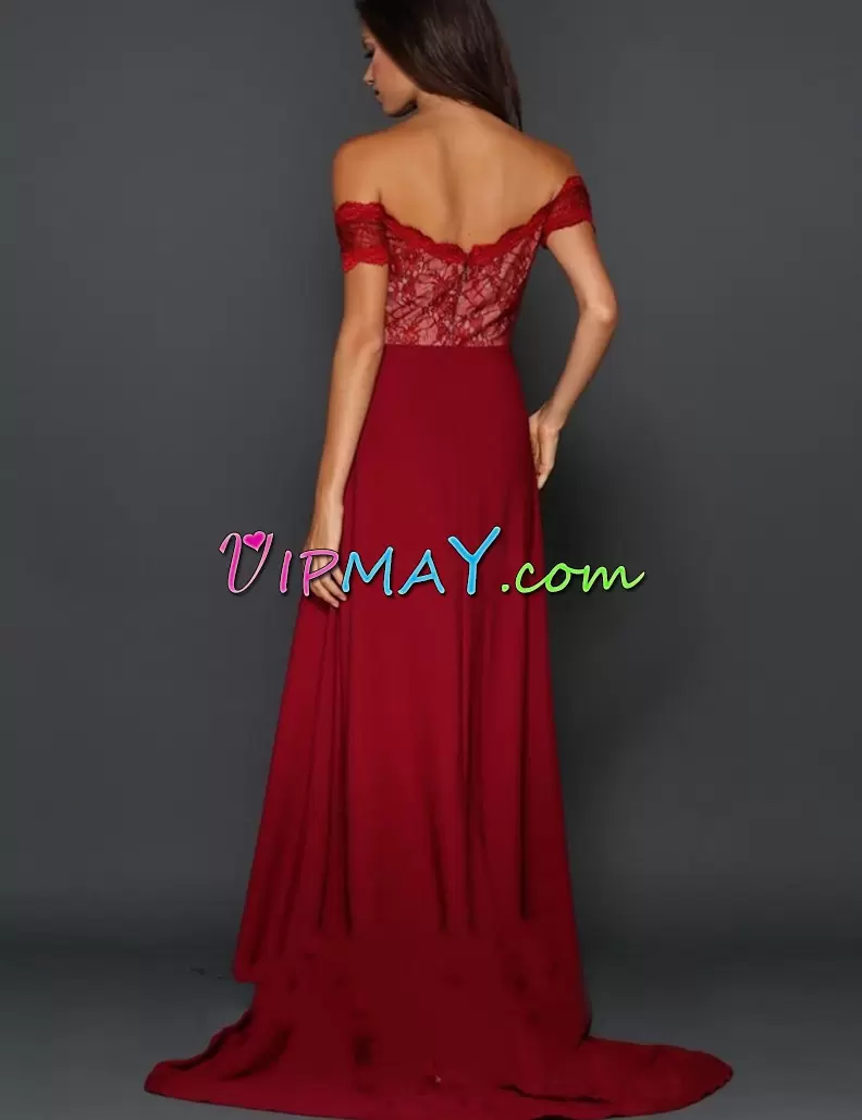 Red Off The Shoulder Zipper Appliques Prom Dress Sweep Train Sleeveless