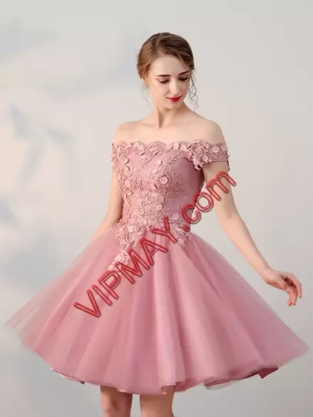 Pink Sleeveless Knee Length Lace and Appliques Lace Up Homecoming Party Dress Scalloped