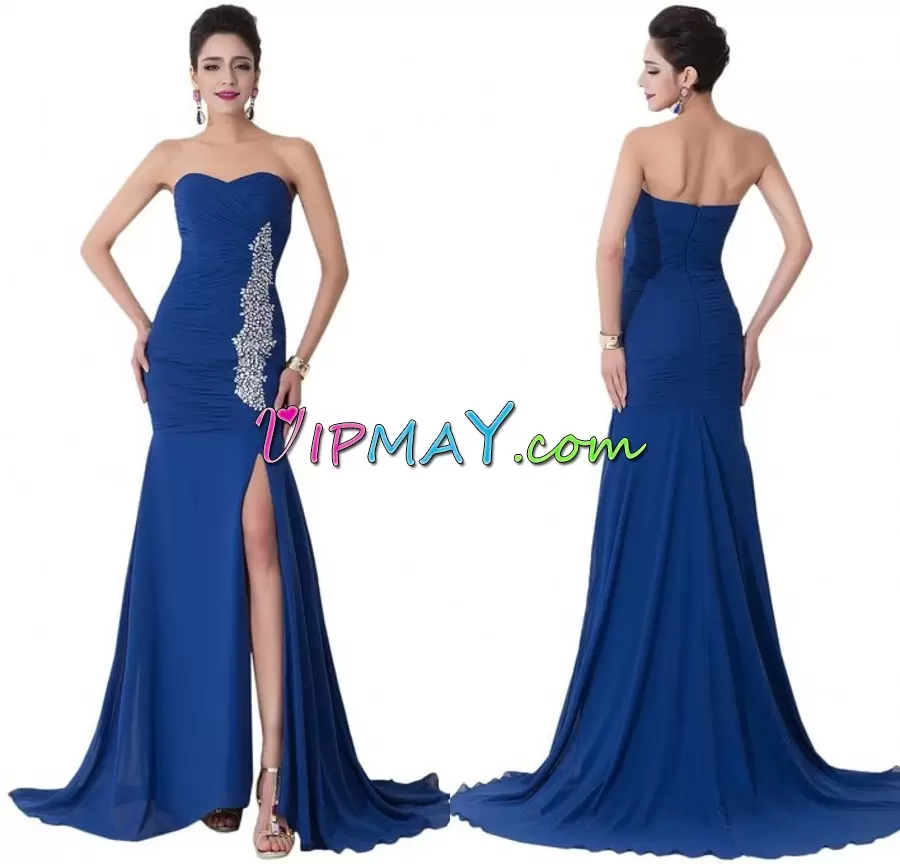 Low Price Brush Train Mermaid Homecoming Party Dress Blue Sweetheart Chiffon Sleeveless