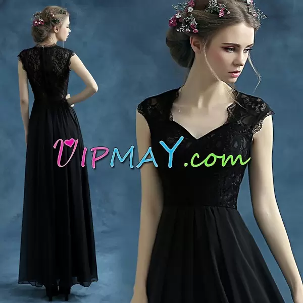 Most Popular Cap Sleeves Tea Length Lace Zipper Hoco Dress with Black