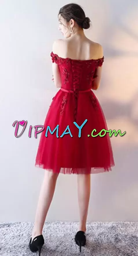 Custom Fit Wine Red A-line Off The Shoulder Sleeveless Tulle Knee Length Lace Up Lace Evening Dress