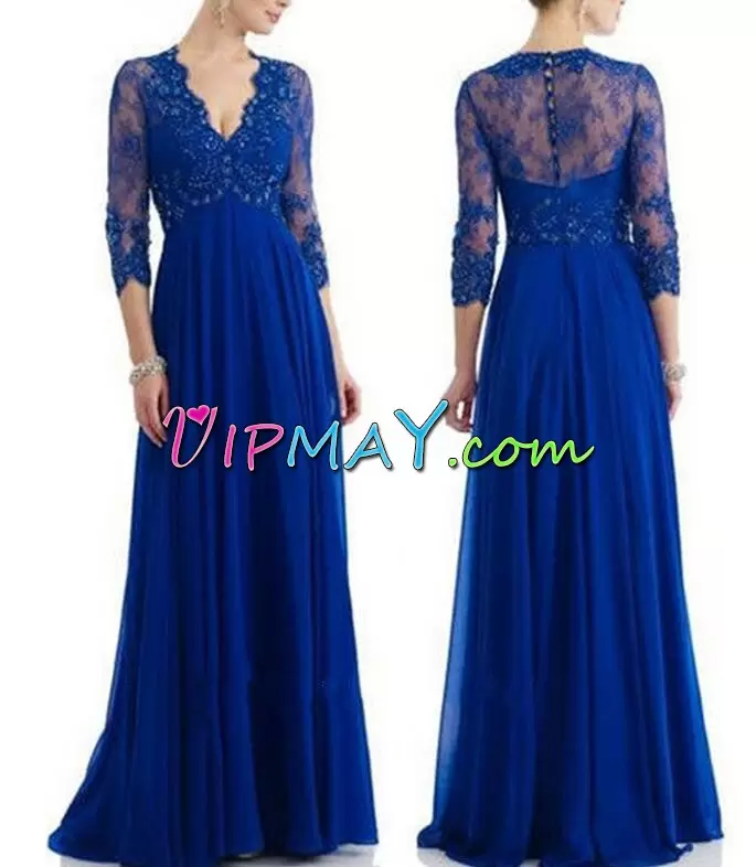 3 4 Length Sleeve Chiffon Floor Length Zipper Prom Dress in Royal Blue with Beading and Lace