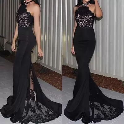 Floor Length Black Dress for Prom Halter Top Sleeveless Sweep Train Lace Up