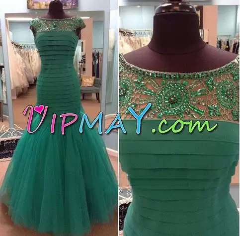 New Style Green Satin and Tulle Lace Up Sleeveless Floor Length Beading and Lace