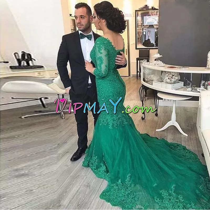 3 4 Length Sleeve Tulle Court Train Lace Up Prom Gown in Green with Appliques