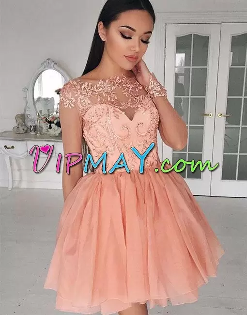 Peach A-line Chiffon High-neck Cap Sleeves Beading and Lace Mini Length Lace Up Prom Dresses