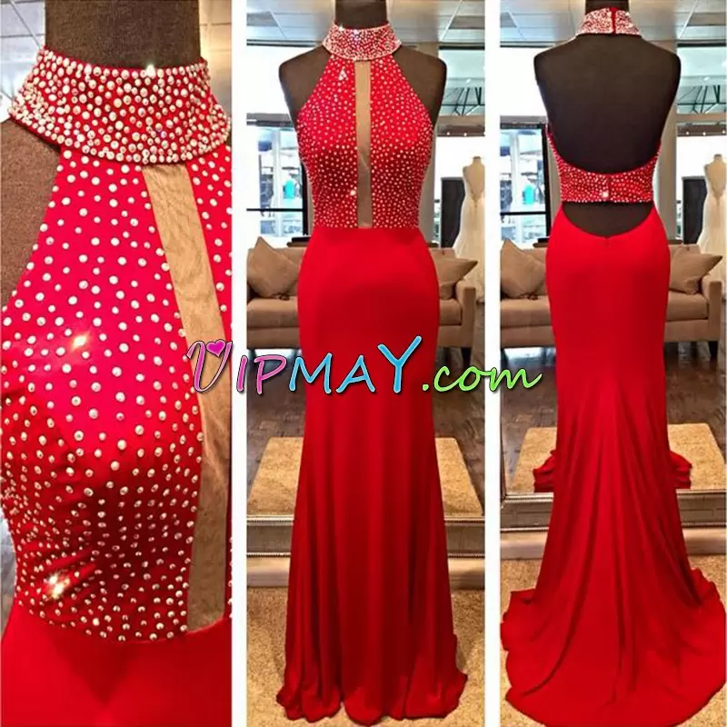 Luxurious Red Column Sheath Chiffon High-neck Sleeveless Beading Floor Length Backless Homecoming Party Dress Brush Train