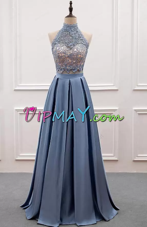 Customized Grey Satin Backless Homecoming Dress Online Sleeveless Floor Length Lace