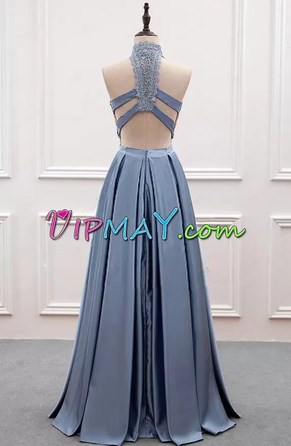 Customized Grey Satin Backless Homecoming Dress Online Sleeveless Floor Length Lace