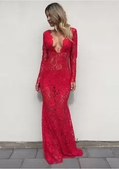 Fine Red V-neck Neckline Beading and Lace Evening Outfits Long Sleeves Lace Up