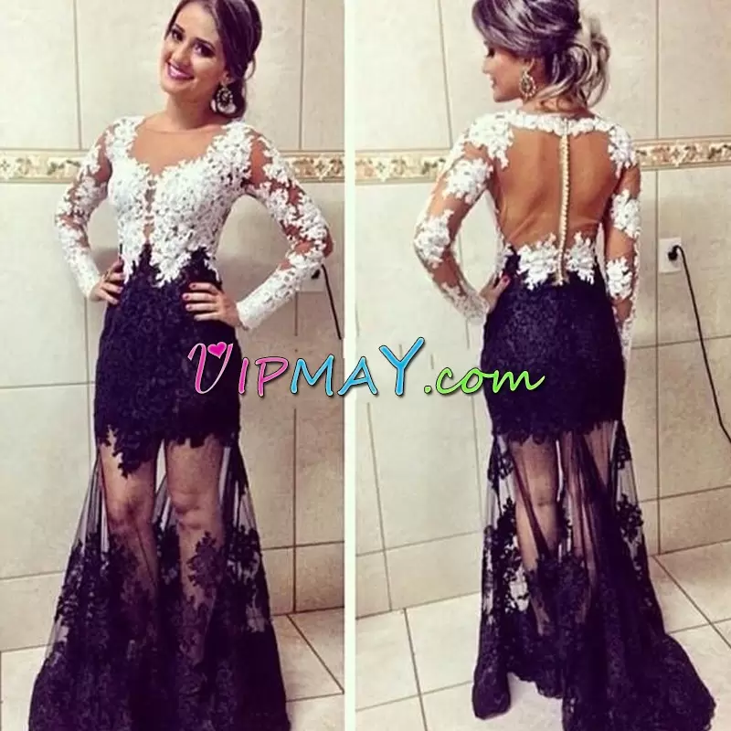 Mermaid Prom Homecoming Dress White And Black Scoop Tulle Long Sleeves Floor Length Zipper