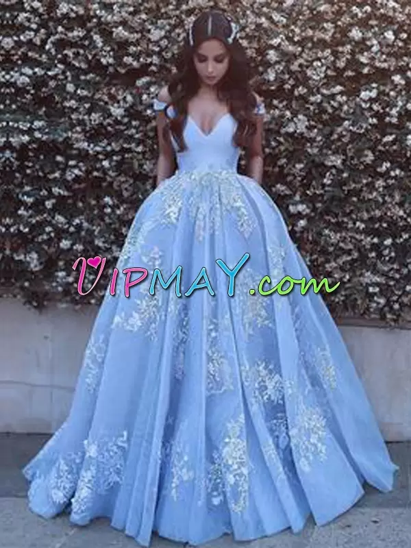 Eye-catching V-neck Sleeveless Prom Dress Floor Length Sweep Train Beading and Lace Blue Satin and Tulle