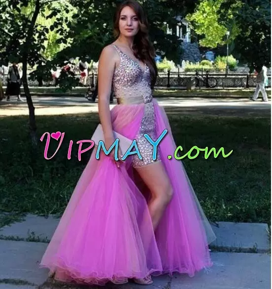 Hot Selling Straps Sleeveless Evening Dress Floor Length Beading Pink Tulle