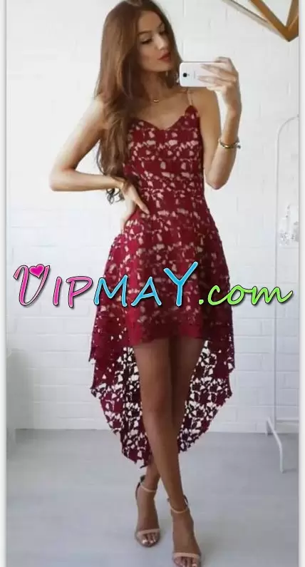 Sleeveless High Low Hoco Dress in Red with Lace Prom Dress