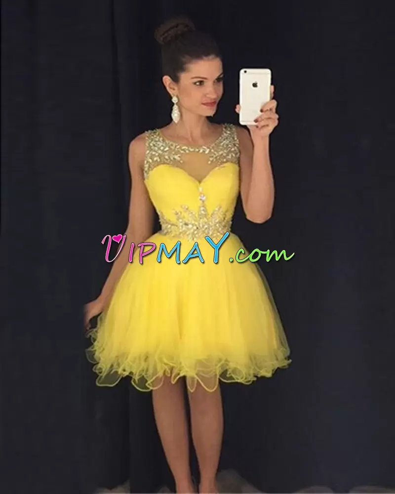 Fitting Tulle Sleeveless Mini Length Evening Dress and Beading