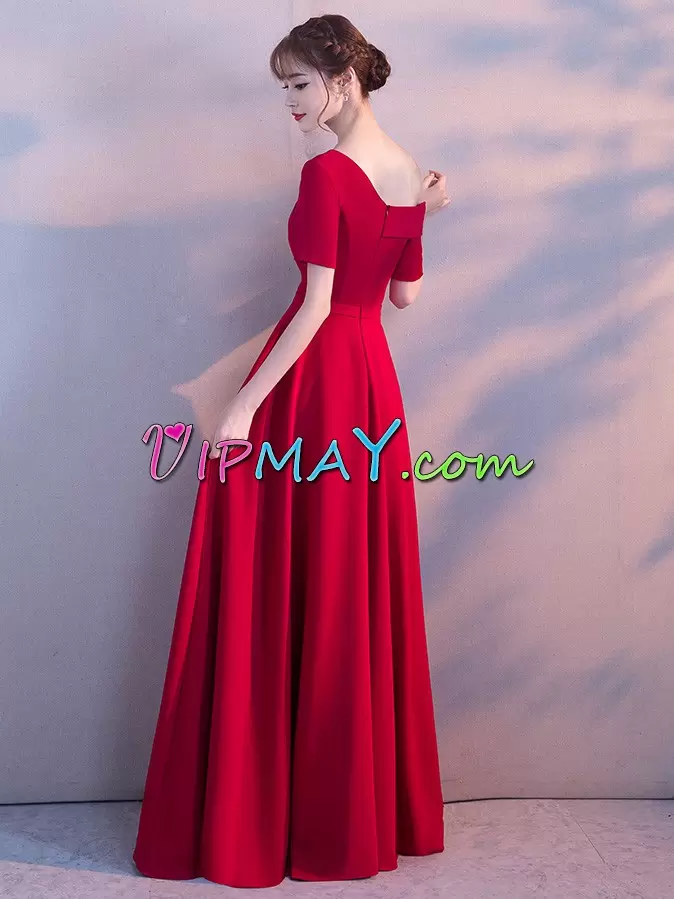 Designer Red Empire Sweetheart Sleeveless Satin Floor Length Sweep Train Lace Up Beading and Lace Homecoming Dress