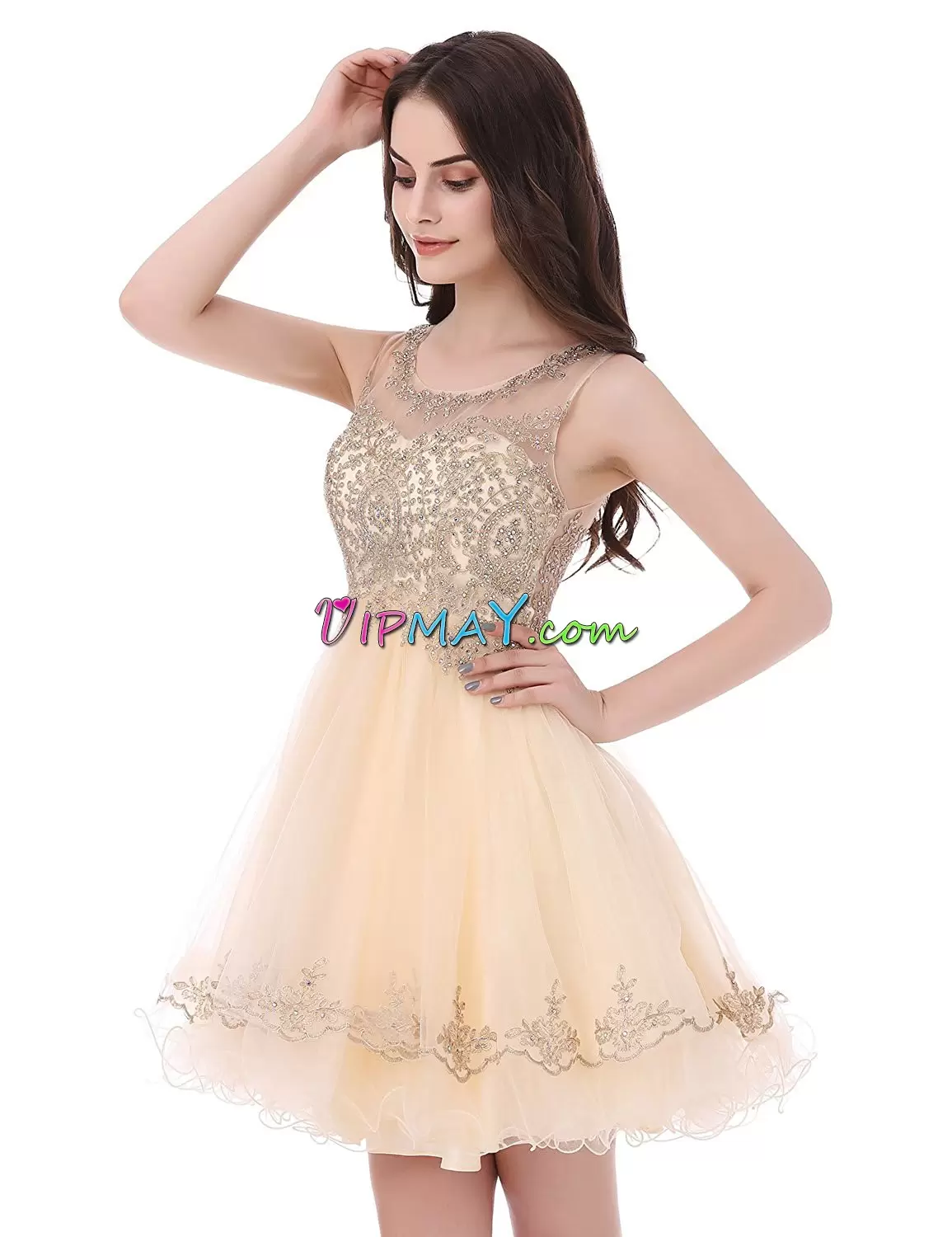 short ruffle prom dress,discount short prom dress,illusion short prom dress,champagne and gold prom dress,champagne prom dress under 100,illusion neckline short prom dress,illusion sweet 15 dress,sheer back prom dress,inexpensive prom dress under 100,size 0 prom dress under 100,